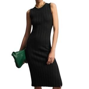KULE Anthropologie Black Ribbed Clemence Midi Bodycon Dress Cashmere Blend Sz XL